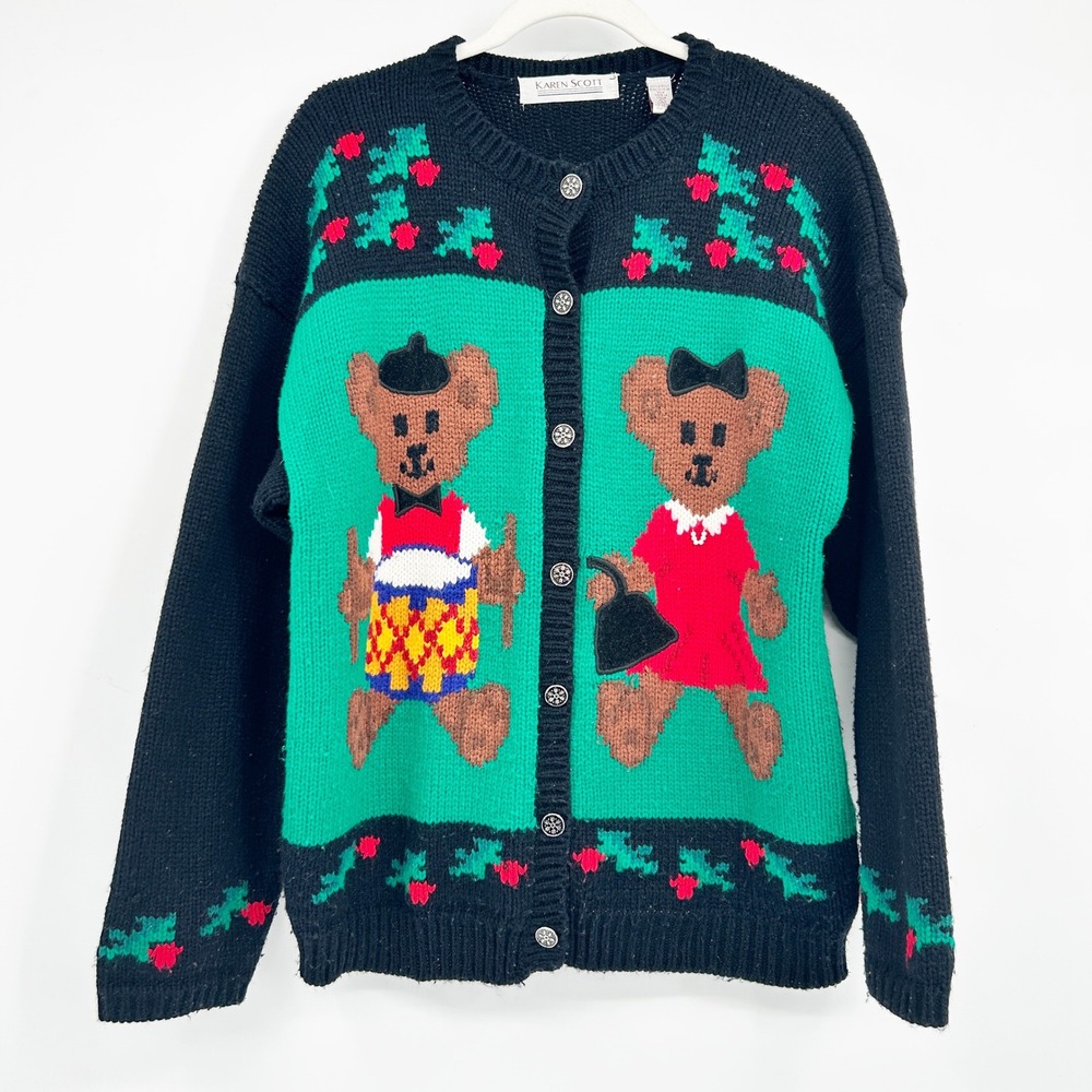 Karen Scott Womens Vintage Teddy Bear Holiday Grannycore Cardigan Sweater Size L